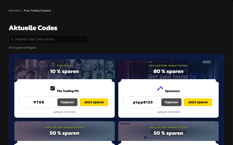 The coupon page of proptraders.de, with voucher codes and their expiry dates