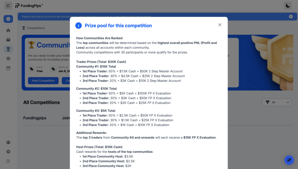 Preise bei den kostenlosen Challenges von Funding Pips