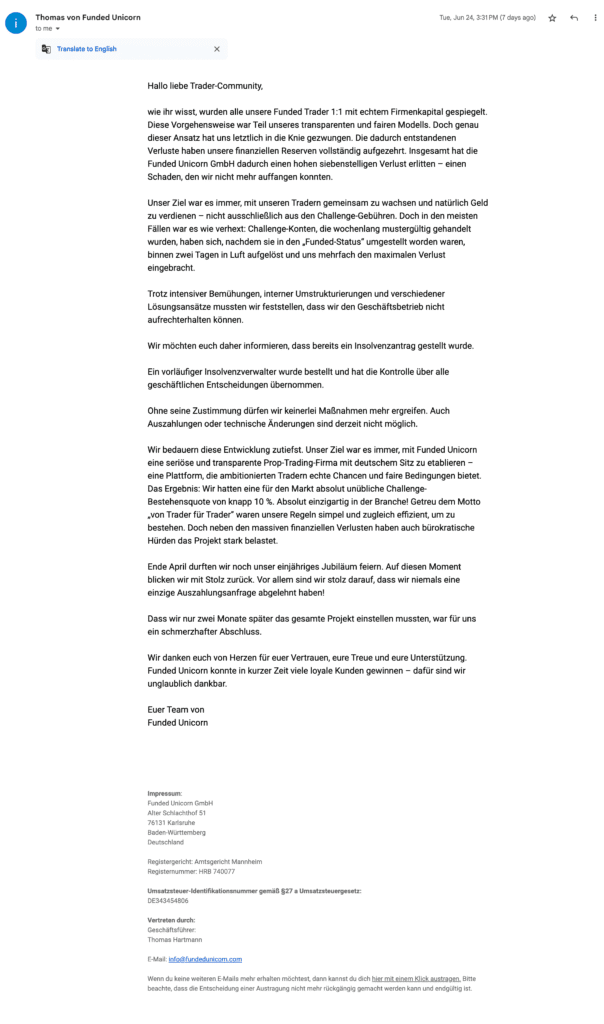 Funded Unicorn Insolvenz