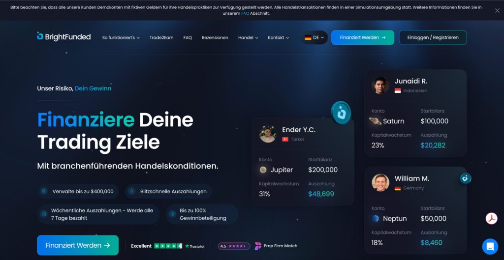 bright funded website screenshot prop trading